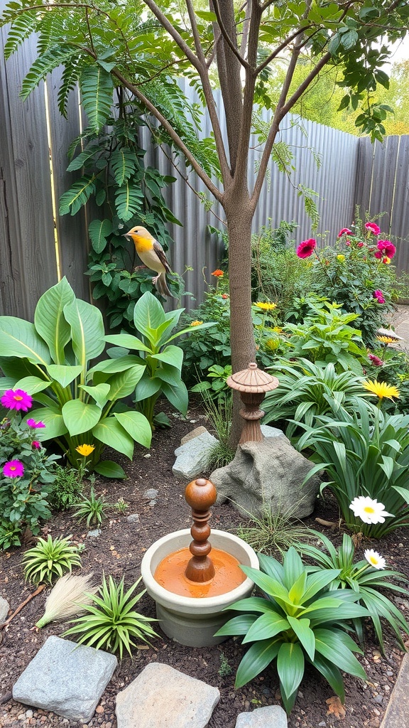 A small Japanese garden featuring a water fountain, colorful flowers, and lush greenery.