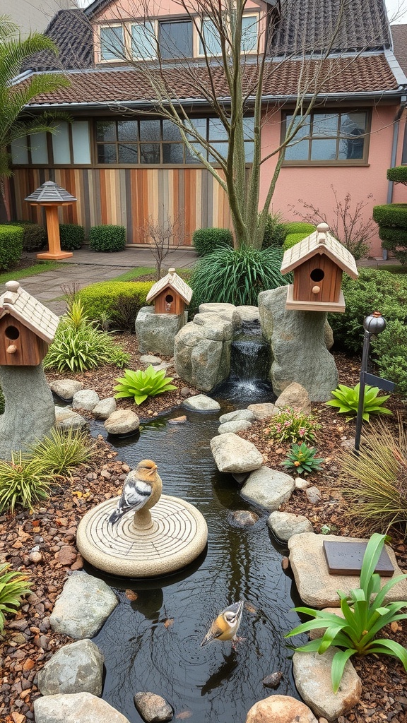A modern Japanese garden featuring a pond, rocks, birdhouses, and lush greenery.