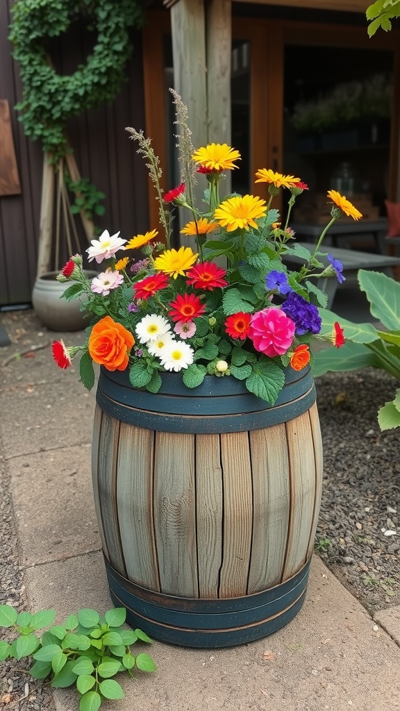 A wine barrel planter filled with colorful flowers, showcasing rustic charm in a garden setting.