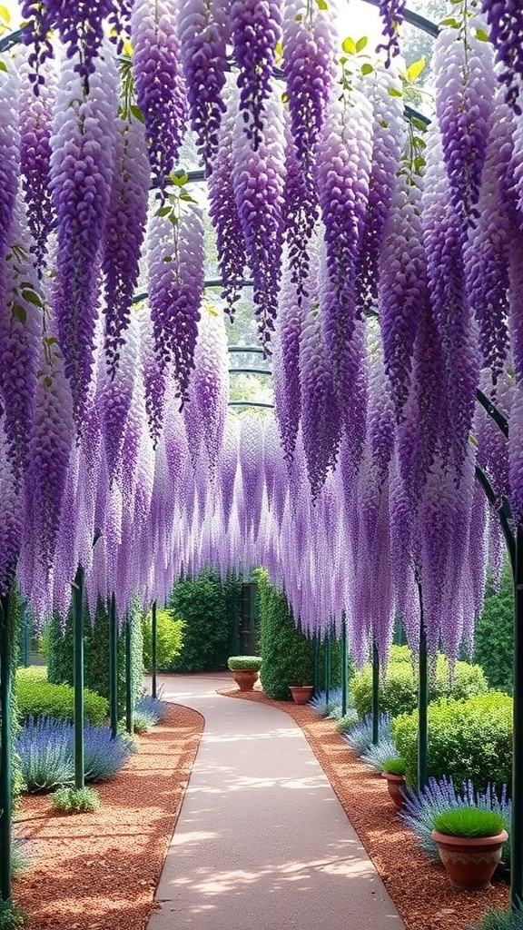 A garden path lined with wisteria-draped arches, showcasing purple and white flowers.