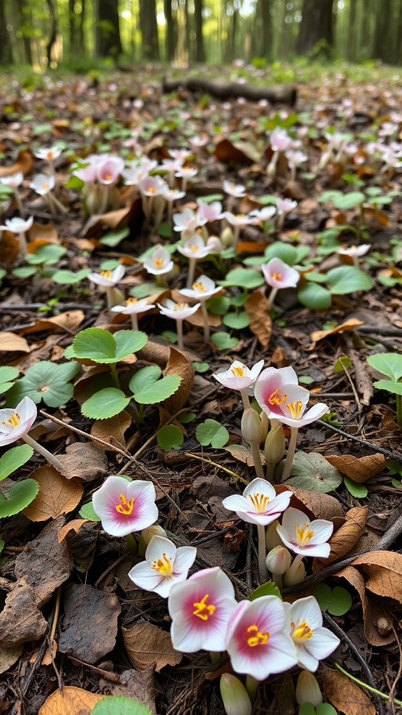 A cluster of woodland anemones with pink and white flowers growing among green leaves and fallen leaves in a forest setting.