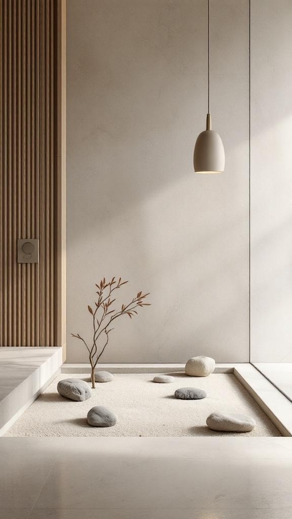 Minimalist Japandi bathroom with Zen garden elements, featuring smooth stones and a delicate branch.