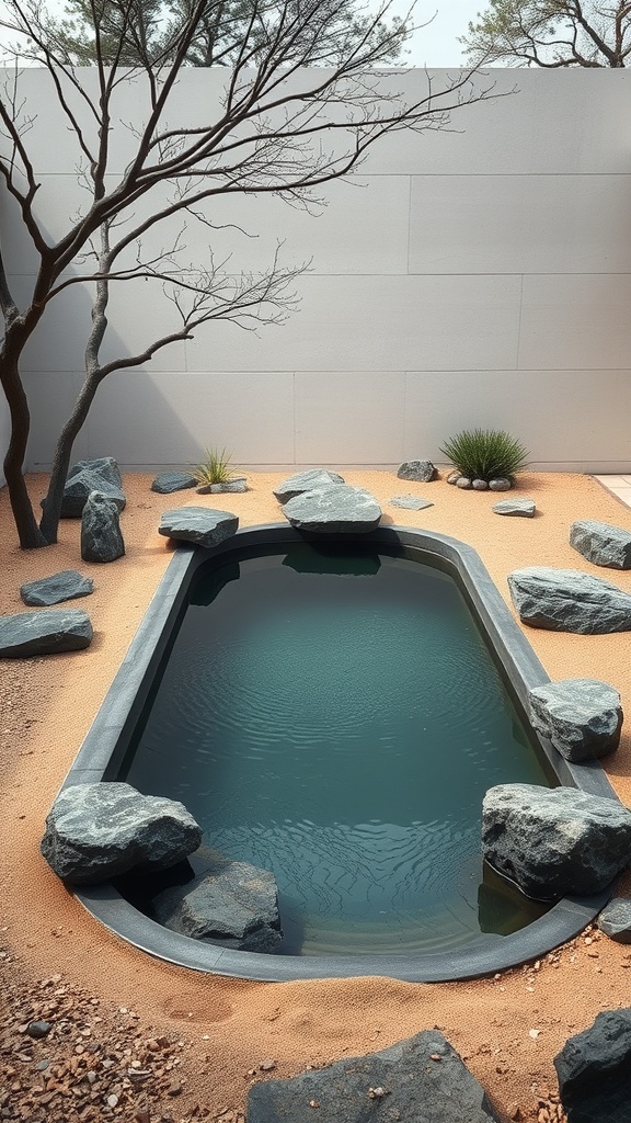 A serene Zen garden featuring a sleek plunge pool surrounded by rocks and sand.