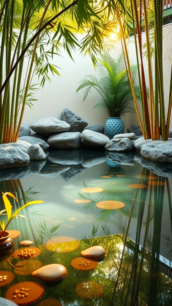 A serene Zen pool surrounded by bamboo and smooth stones, reflecting soft light.