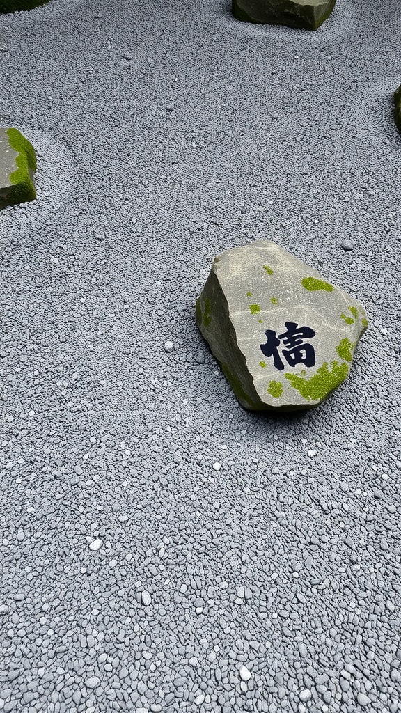 A Zen rock garden featuring smooth stones and fine gravel, creating a peaceful and meditative atmosphere.