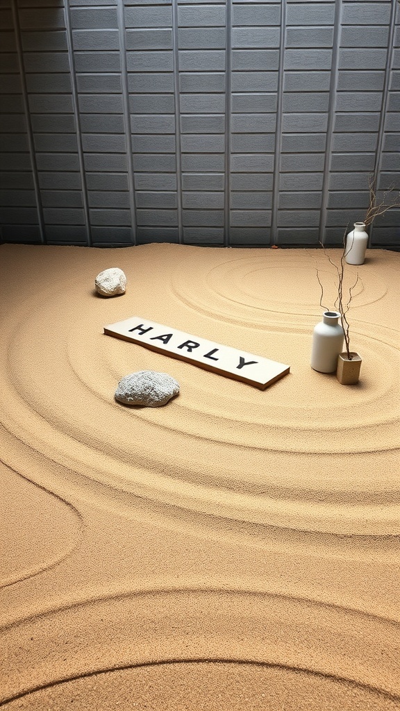 A zen sand garden with raked sand, stones, and minimalist vases.
