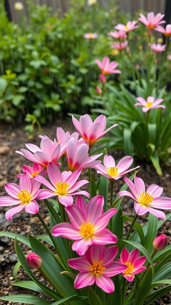 A cluster of pink rain lilies with yellow centers blooming in a garden.