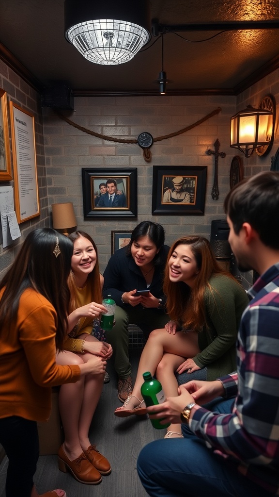 Group of friends in a cozy escape room, enjoying their time together