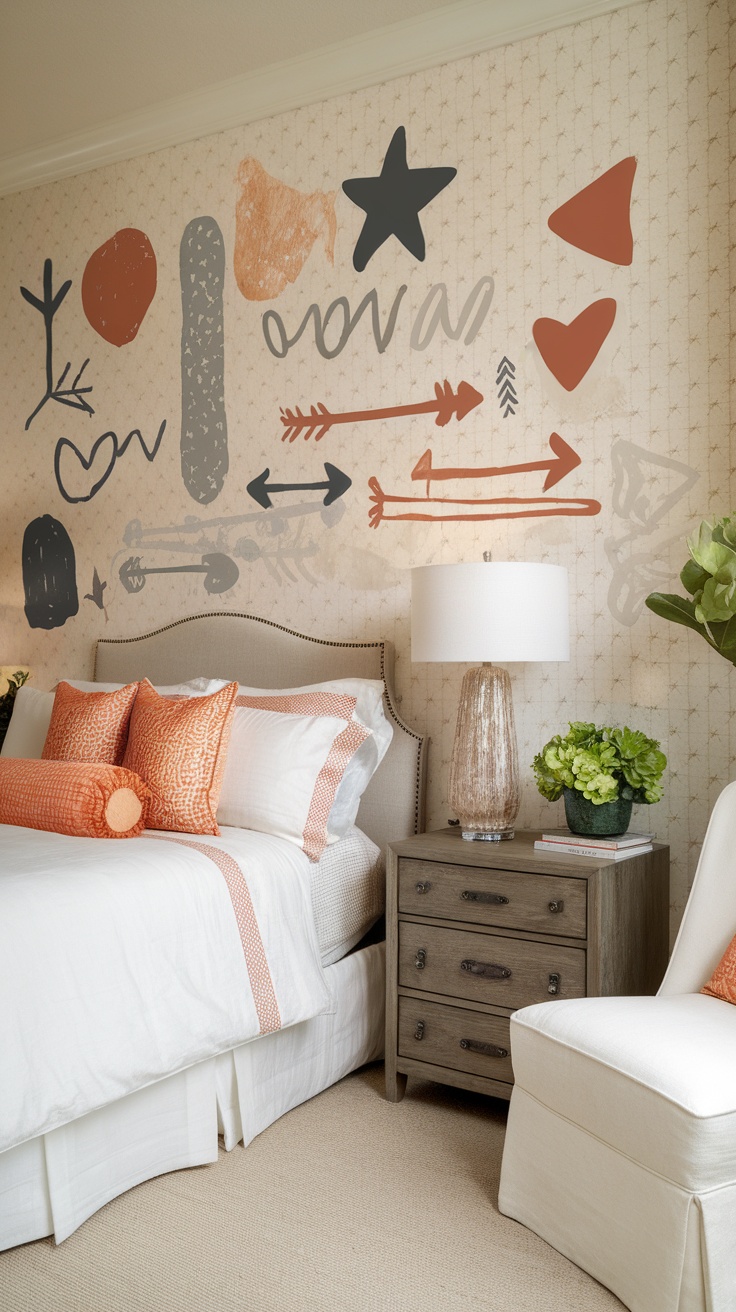 A bedroom with artistic wall decals featuring abstract shapes and arrows on a light patterned wall, complemented by orange and white bedding.