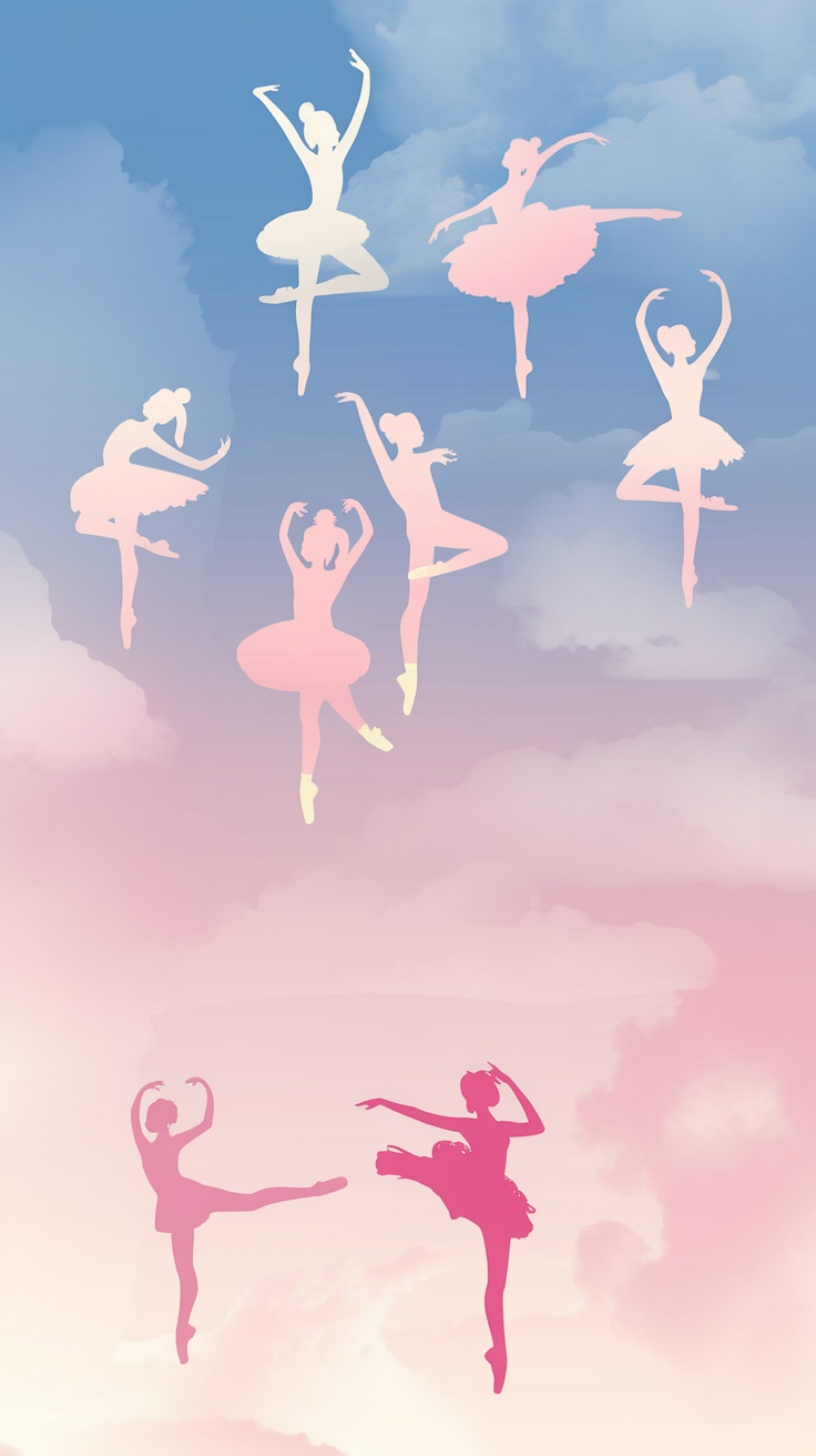 Silhouettes of ballerinas in soft pastel colors against a cloudy background.