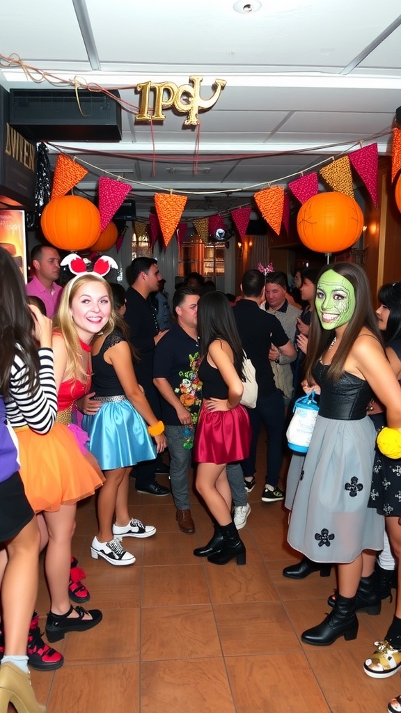 A lively costume party scene with guests in colorful outfits and festive decorations.