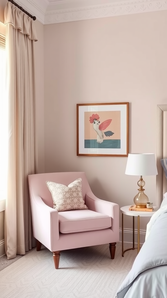 A stylish light pink accent chair in a cozy bedroom setting.