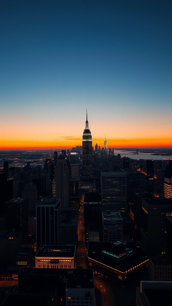 City skyline at dusk with orange and blue hues