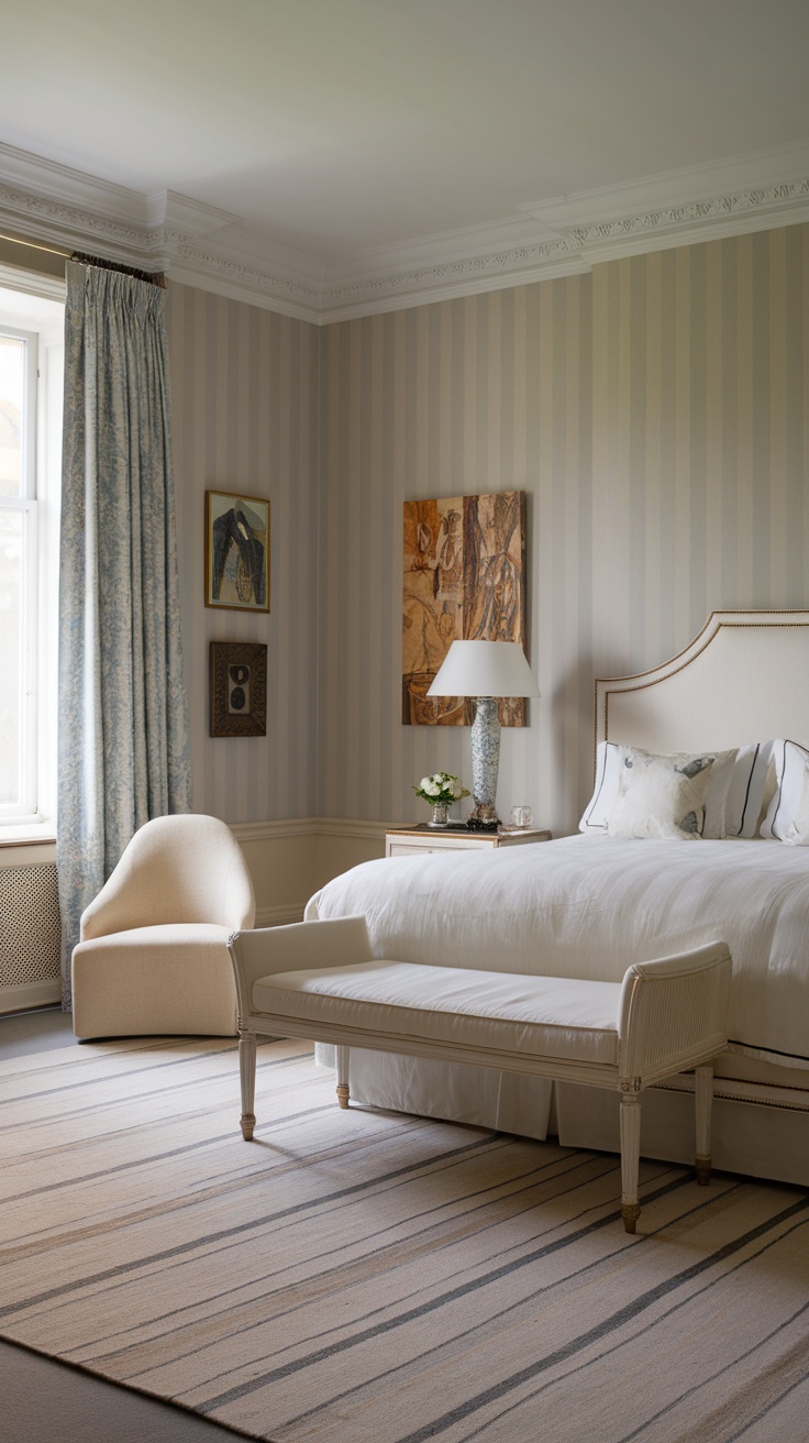 A sophisticated bedroom featuring subtle striped wallpaper, elegant bedding, and coordinating decor.