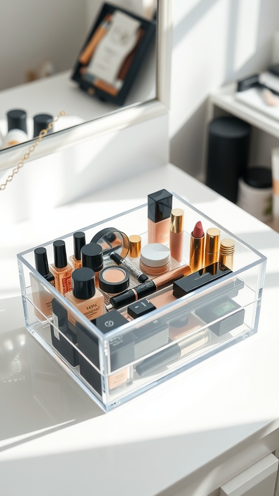 Clear acrylic makeup case filled with various beauty products on a vanity