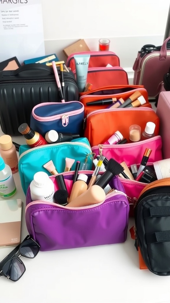 Colorful cosmetic bags filled with makeup and skincare products on a vanity.