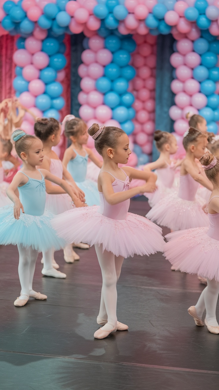 A group of young ballerinas performing at a dance recital.