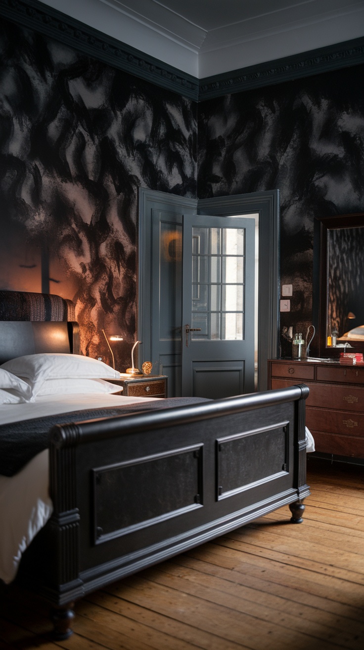 A bedroom with dark, swirling wallpaper, a cozy bed, and warm lighting.