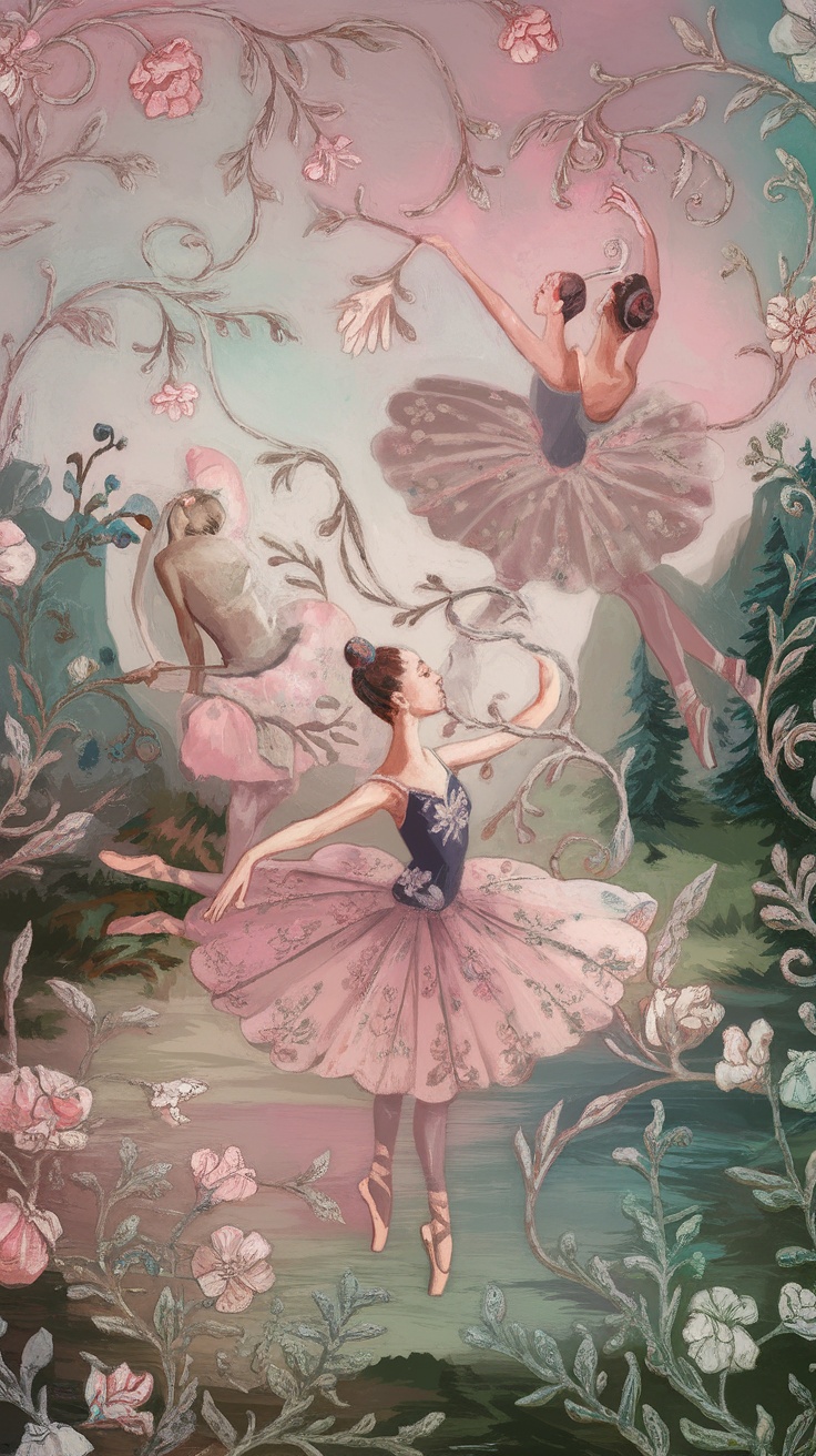 Illustration of ballerinas dancing amidst floral motifs