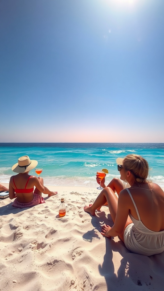 Two women relaxing on a beach with cocktails, enjoying a sunny day by the ocean