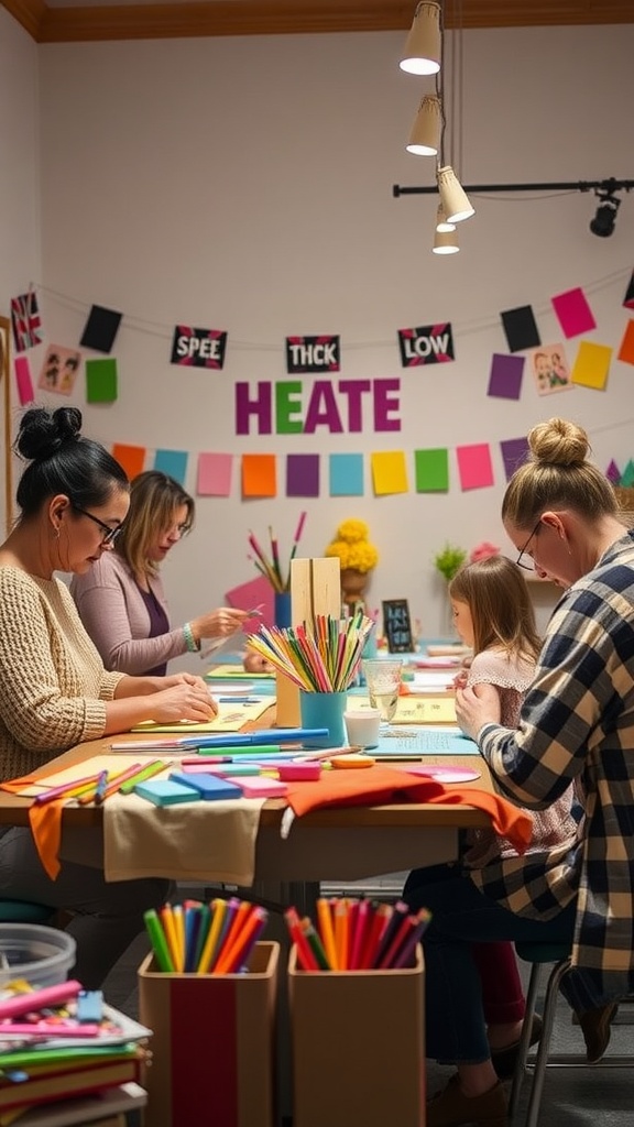 Group of women and a child engaged in a craft party, surrounded by colorful art supplies.