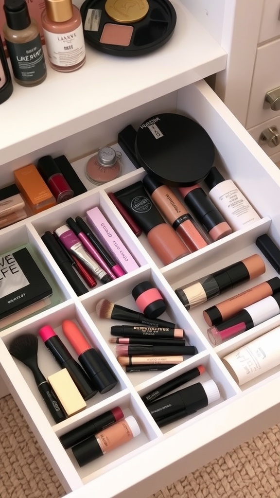 Organized makeup drawer with dividers separating various makeup products.