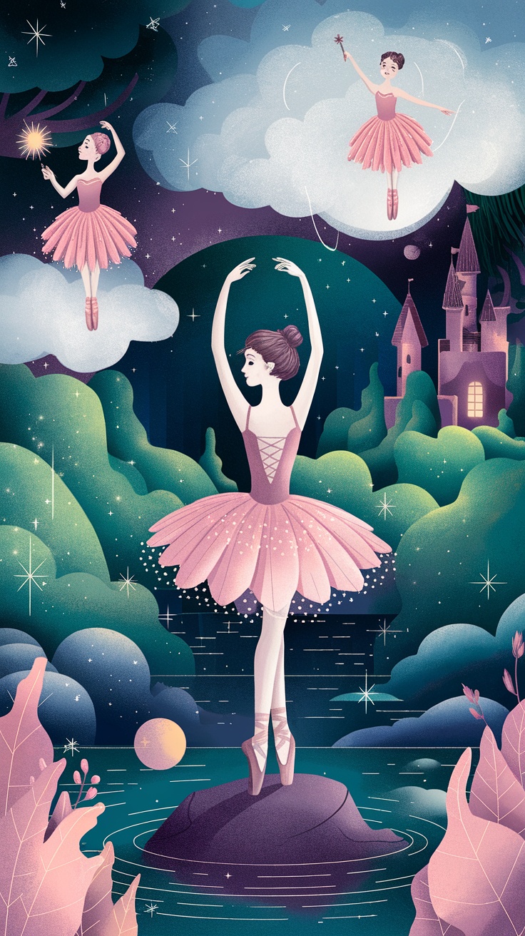 A whimsical illustration of ballerinas dancing among clouds and a castle, creating a magical fairy tale scene.