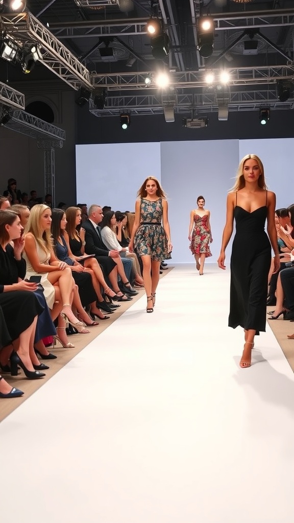 A fashion show with models walking down the runway while the audience watches.