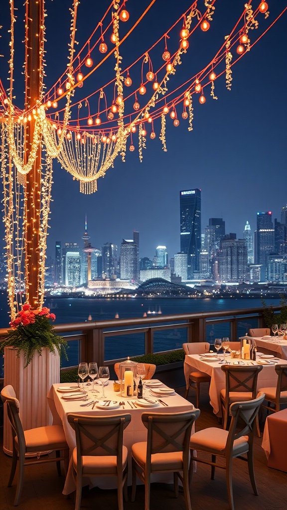 Beautifully decorated rooftop party with fairy lights and a city skyline view.