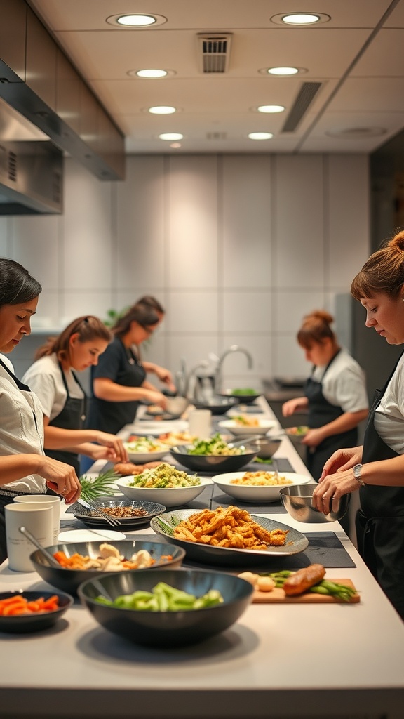 A group of women engaged in a gourmet cooking class, preparing and plating various dishes in a modern kitchen setting.