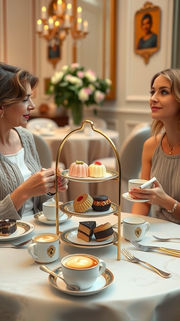 Two women enjoying high tea with a tiered dessert stand and cups of tea.