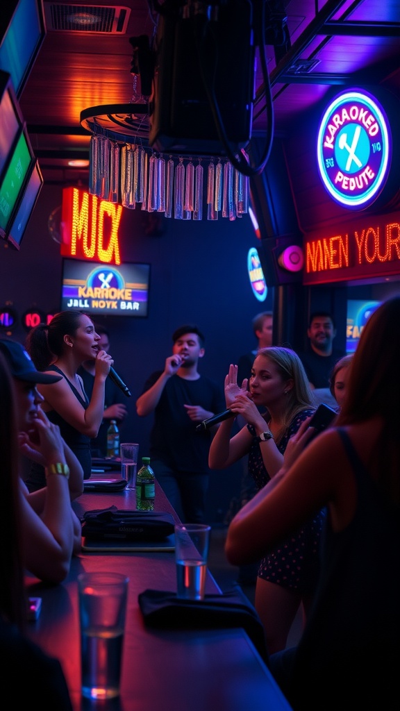 A lively karaoke bar scene with friends enjoying singing and celebrating