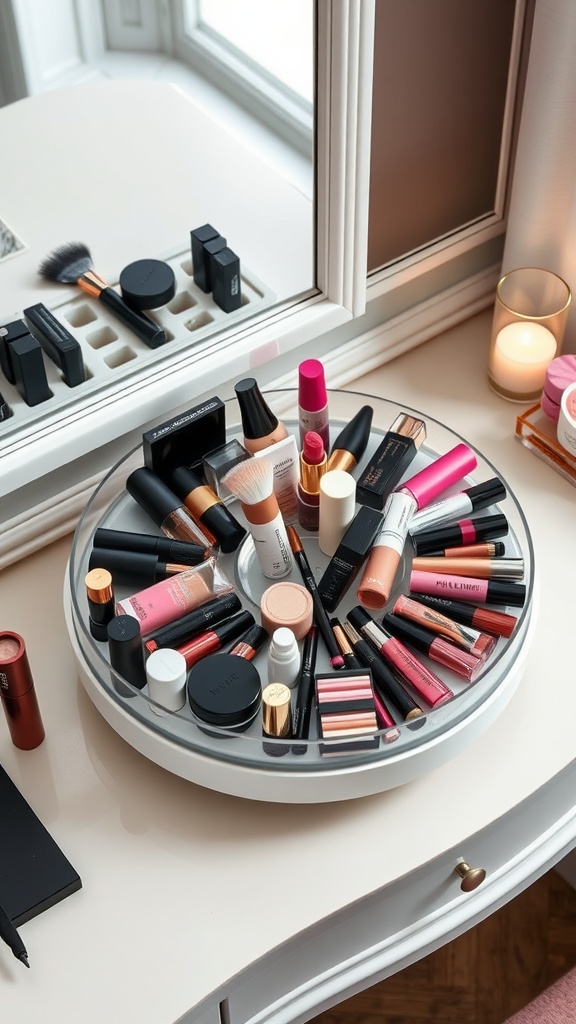 A Lazy Susan filled with various makeup products on a vanity.