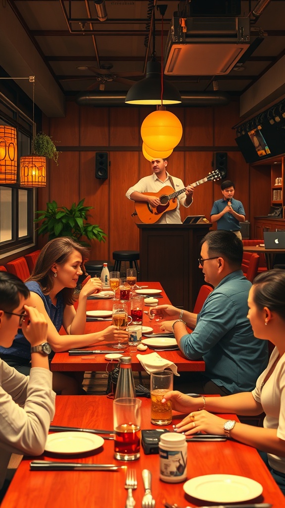 A group of friends enjoying live music and dining in a cozy restaurant.