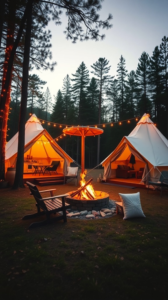 Luxurious camping tents with a campfire and string lights in a forest setting.