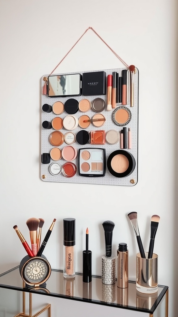 A wall-mounted magnetic board displaying various makeup products and brushes, creating an organized and stylish makeup area.