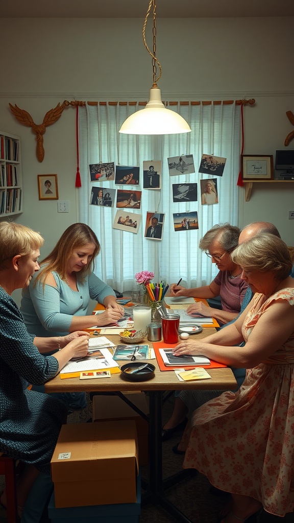 Women gathered around a table, creating scrapbooks with photos and craft supplies.