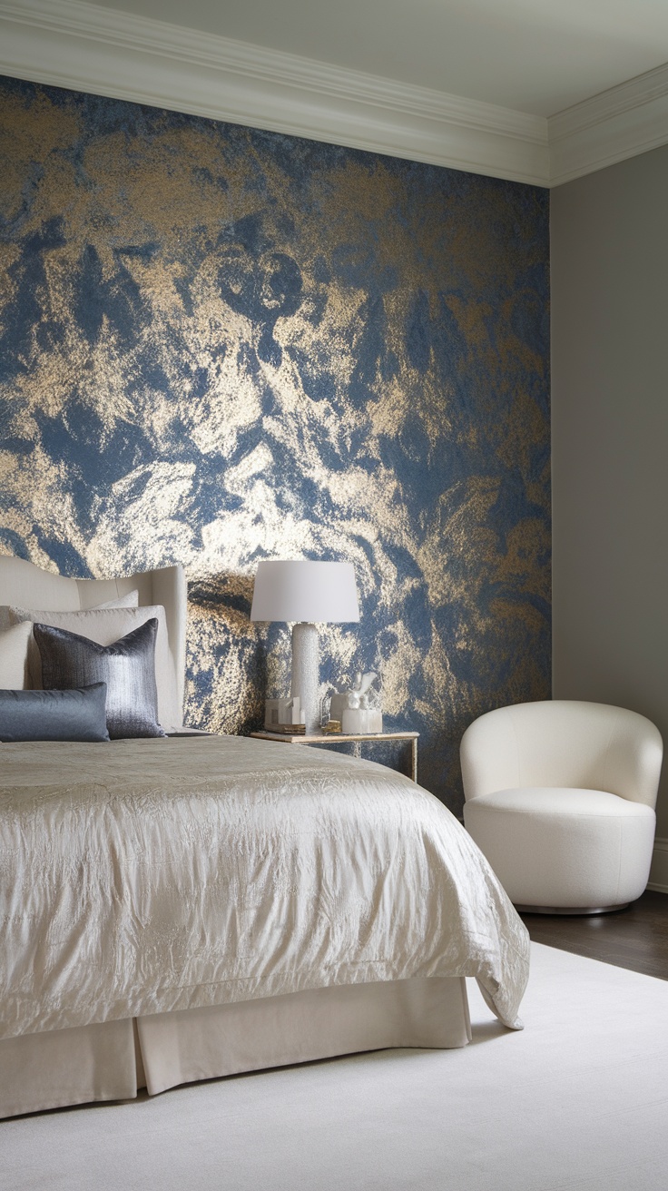 Bedroom featuring metallic accent wall with gold and blue tones, soft bedding, and modern decor