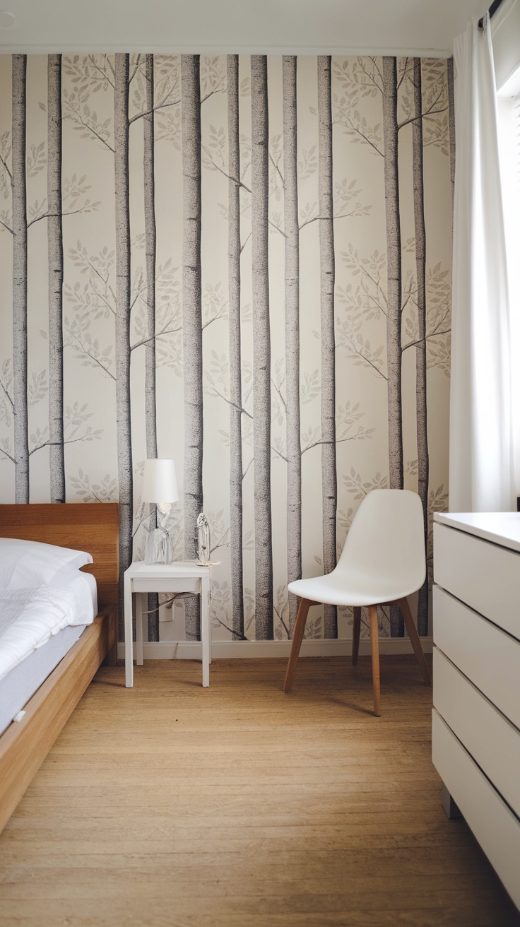 A minimalist bedroom with tree-patterned wallpaper and wooden furniture