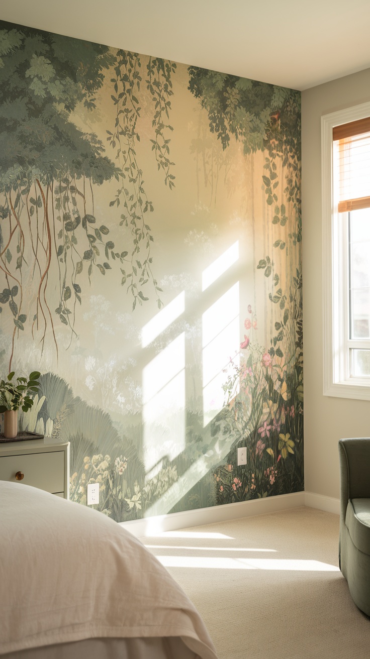 Nature-inspired mural in a bedroom with greenery and flowers, complemented by soft lighting.