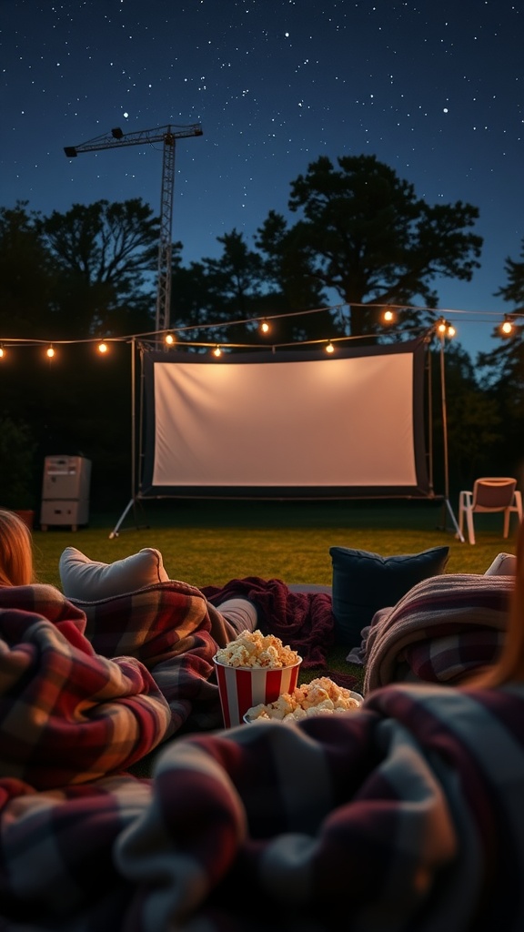 An outdoor movie setup with a large screen, cozy blankets, popcorn, and fairy lights under a starry sky.