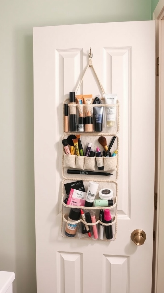 A hanging over-the-door organizer filled with various makeup products, providing efficient storage.