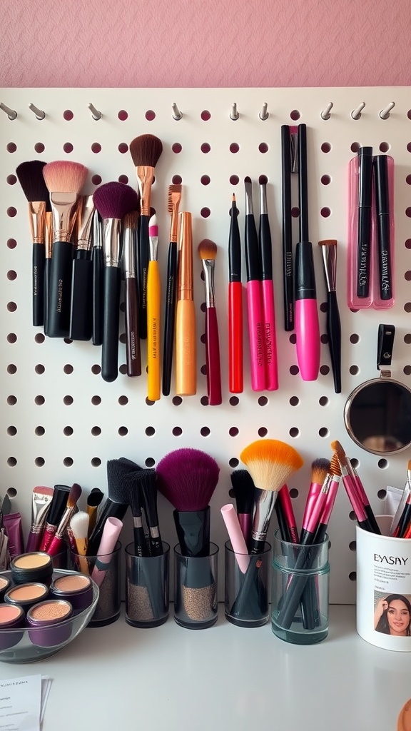 A pegboard displaying various makeup brushes and tools, showcasing organized storage.