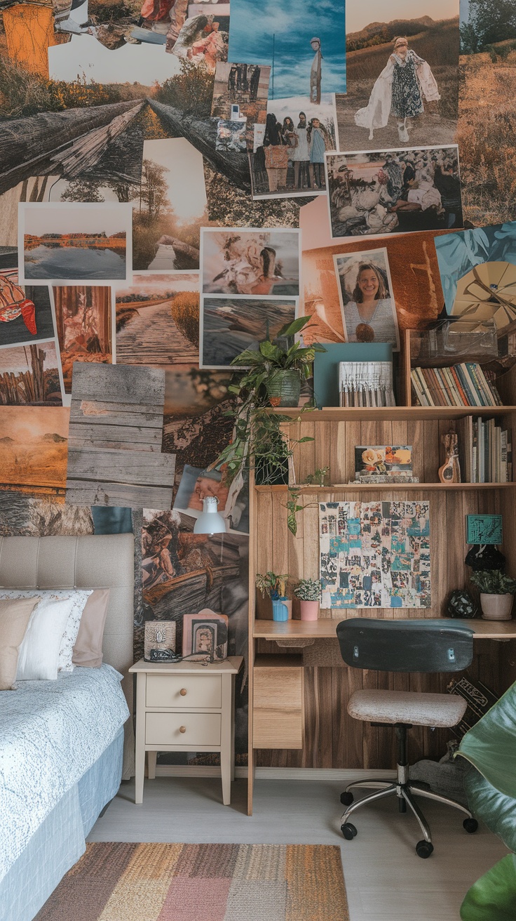 A bedroom with personalized photo wallpaper featuring a collage of various images, a comfortable bed, and a wooden desk.