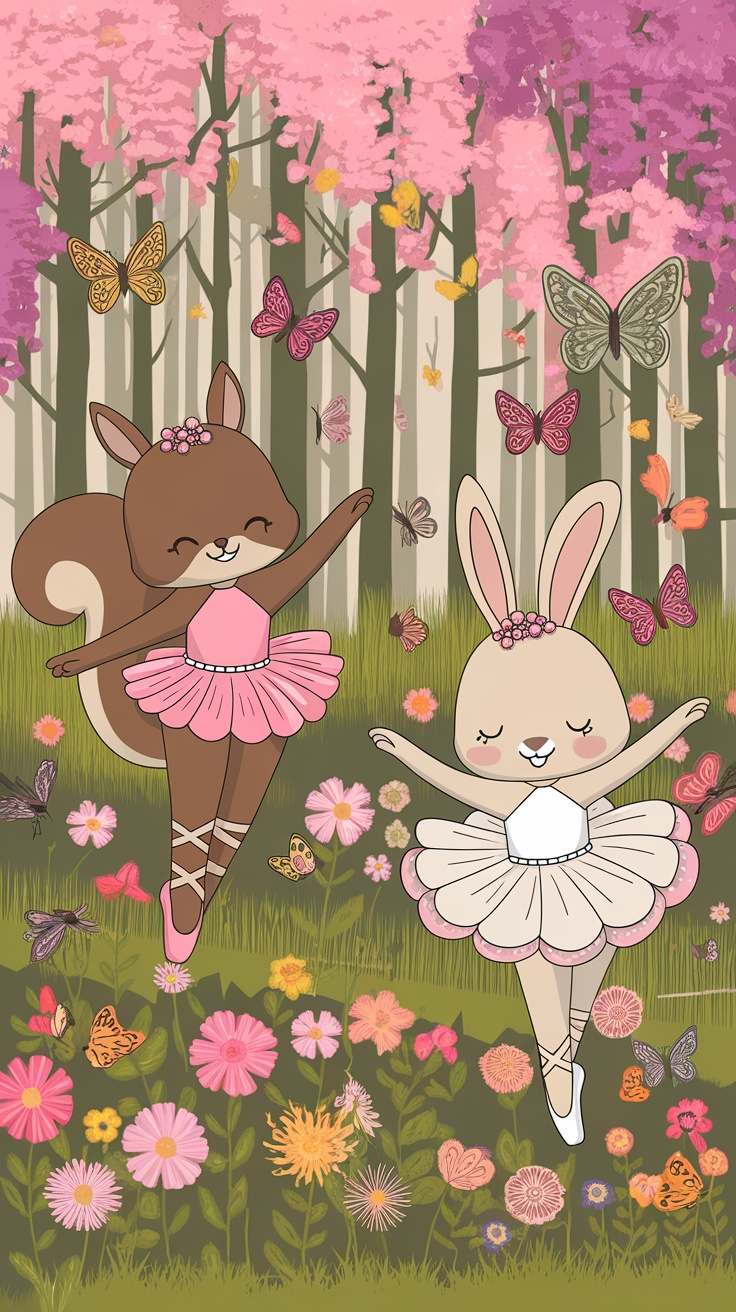 Cute squirrel and bunny ballerinas dancing in a colorful forest with flowers and butterflies.