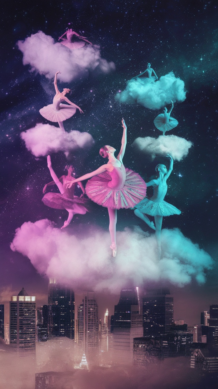 Colorful ballerinas dancing on clouds with a city skyline in the background