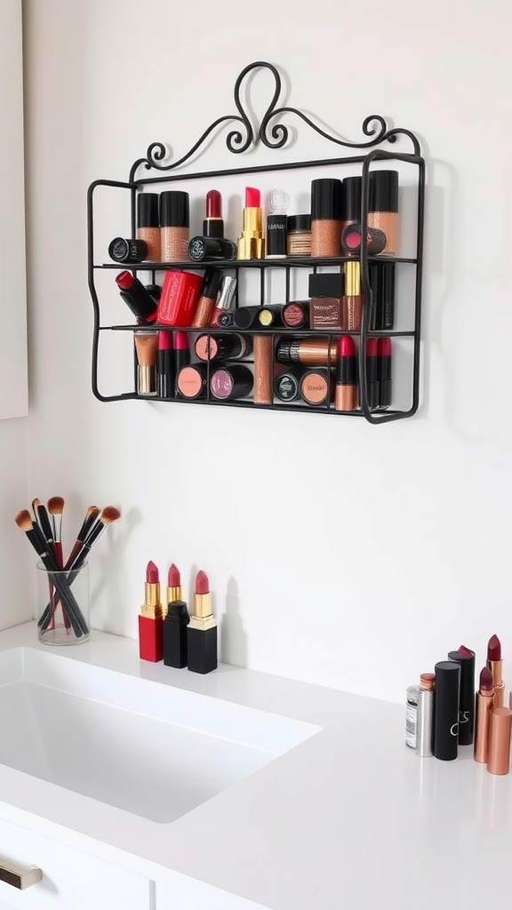 A stylish wall-mounted spice rack filled with various lipsticks arranged neatly.