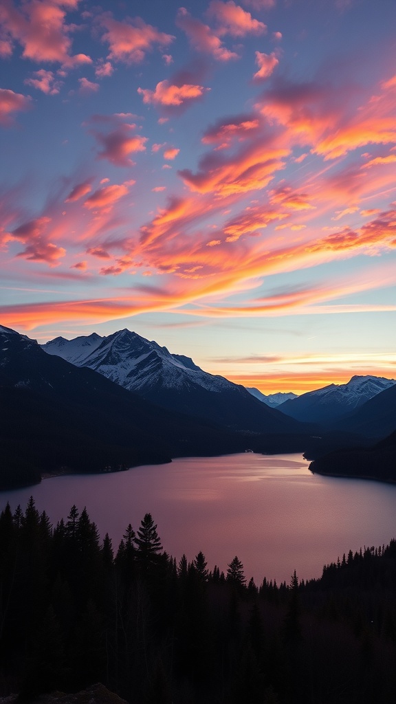 A serene nature landscape with mountains and a lake at sunset.