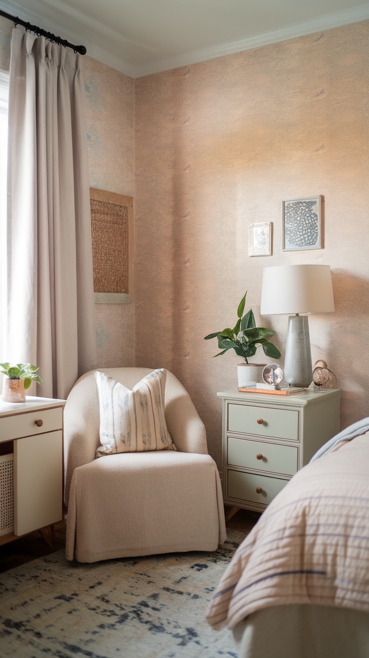 A cozy bedroom featuring soft pastel shades on the walls, a comfortable chair, and natural elements.
