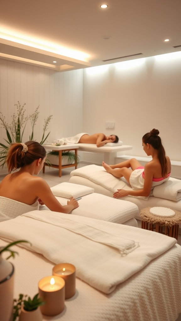 A serene spa setting with women enjoying massages and relaxation